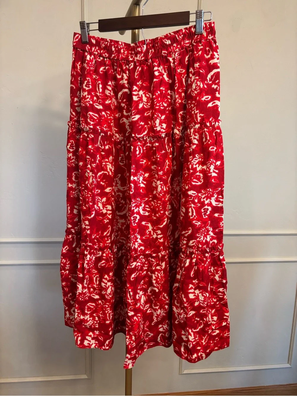 1. STATE  Maxi Skirt Linen Blend Red Floral Tiered MSRP $89